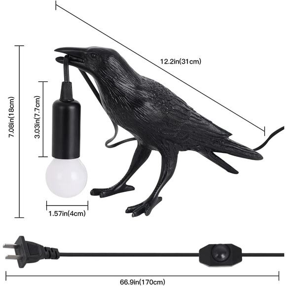 Crow Lamp Raven Light Gothic Bird Table Lamp Adjustable Brightness Bulb Included - Picture 6 of 9